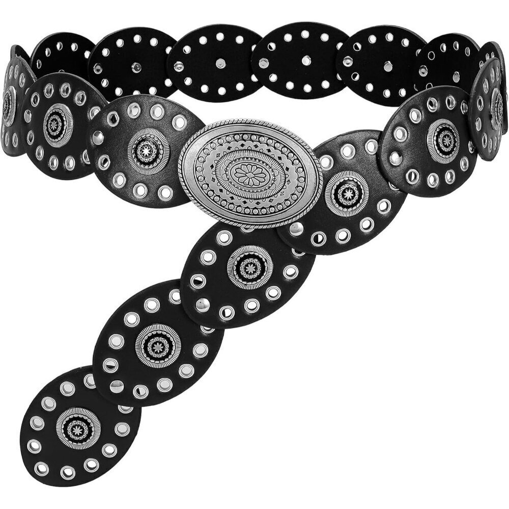 Women Leather Western Belt Concho Buckle Vintage Boho Festival Dress